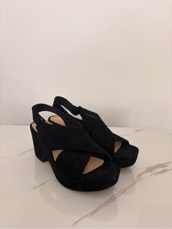 Clarks Shoes - Clarks Black Suede Crossband Slingback Wedge Sandals